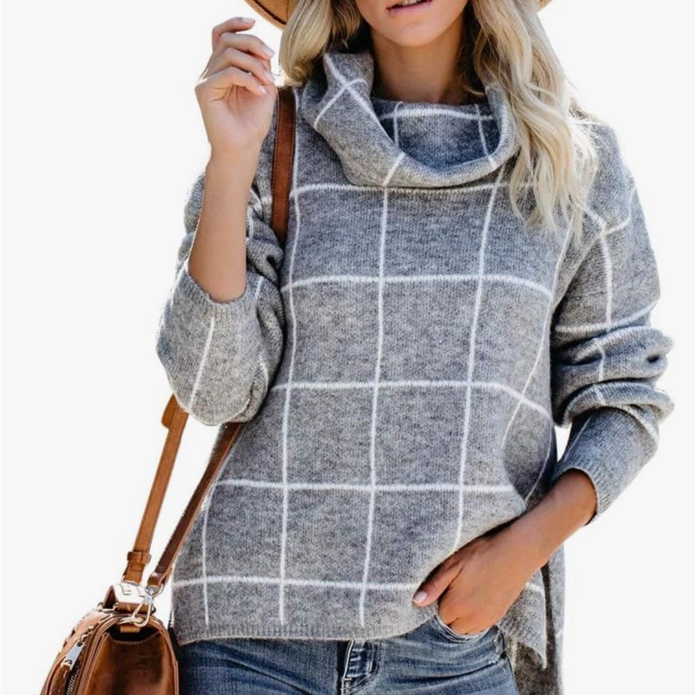 Women's Gray Windowpane Cowl Neck Sweater
